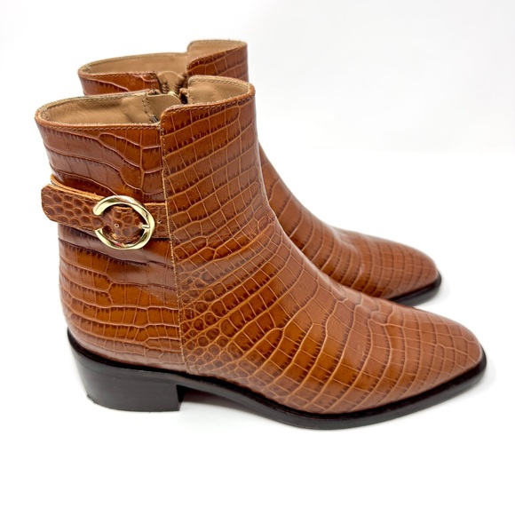 Aquatalia Fara Croc-Embossed Weatherproof Leather Ankle Boots Cognac - Picture 9 of 15